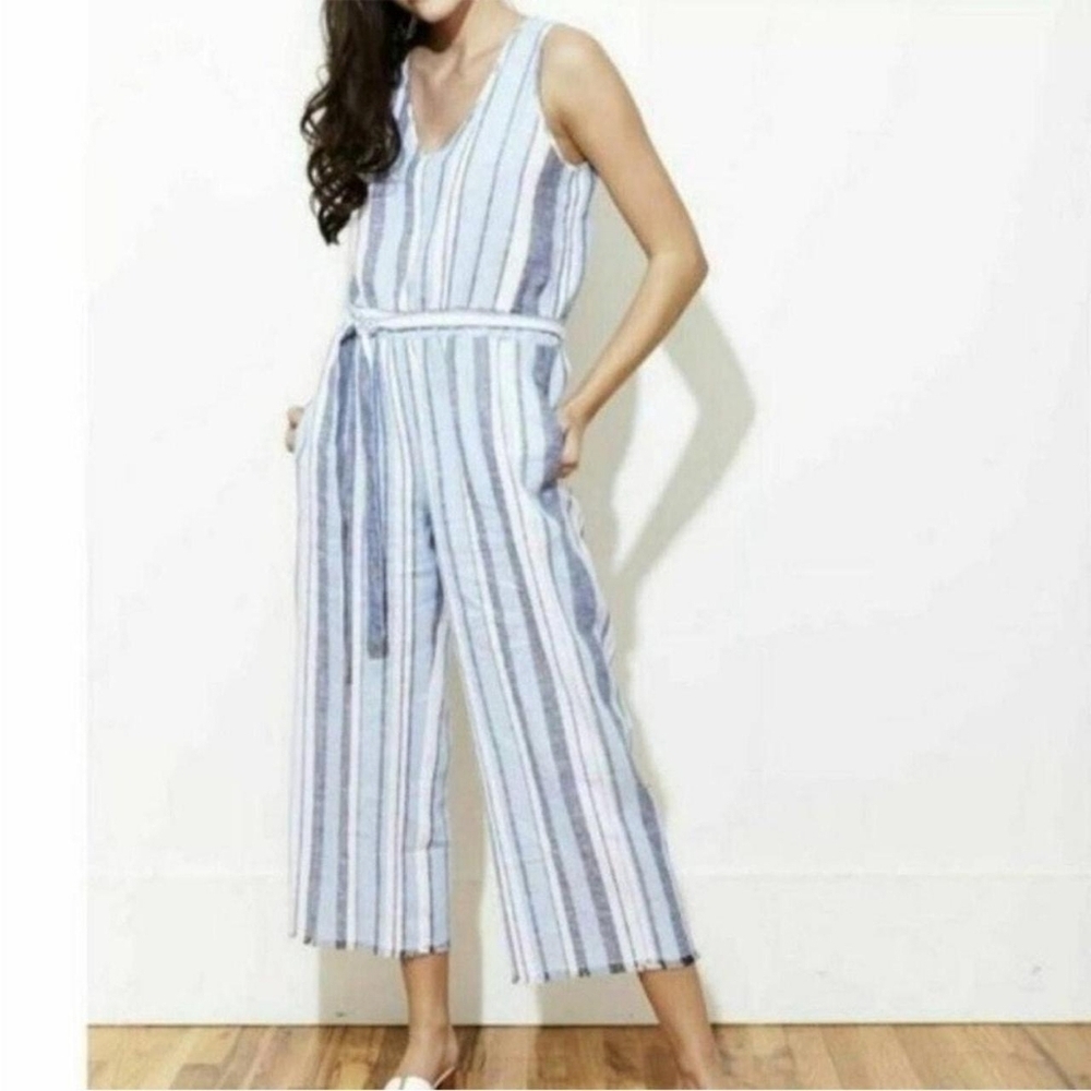 Cloth & Stone Anthropologie Blue and White Stiped Linen Blend Jumpsuit in Large